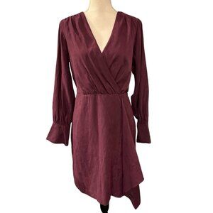 Julia Jordan Dress Womens 8 Burgundy Ribbed Faux Wrap‎ Asymmetrical Midi Soft